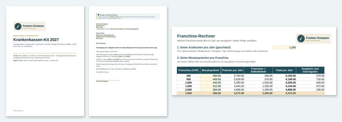 Seiten aus dem Krankenkassen-Kit: Anleitung, Musterbrief zur Kündigung und Franchise-Rechner in Excel